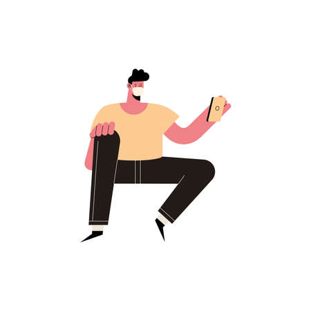 young man seated using smartphone characterのイラスト素材