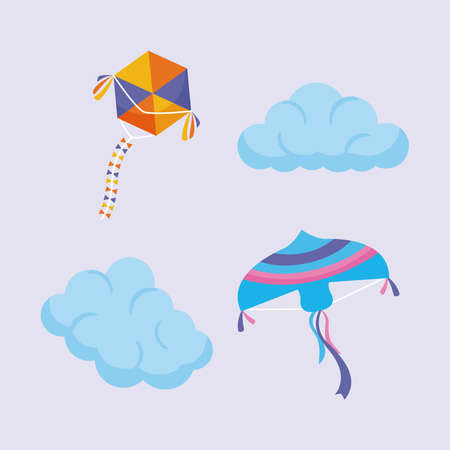 kites and clouds icon set on gray backgroundのイラスト素材