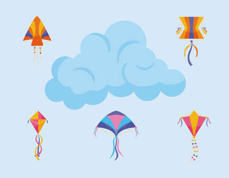 kites icon set with cloud on blue backgroundのイラスト素材