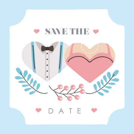 Wedding save the date card with groom suit and bride dress in heartsのイラスト素材