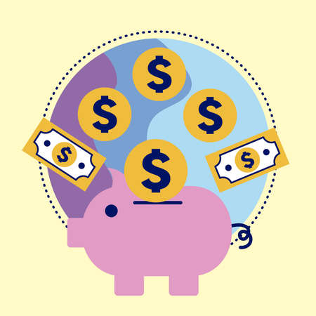 Piggy with coins and bills of money financial businessのイラスト素材