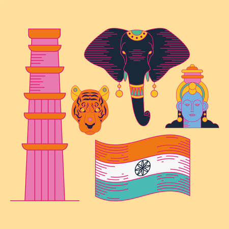 Happy india independence day symbol set on yellow backgroundのイラスト素材