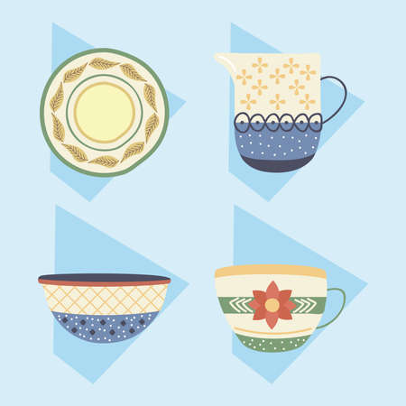 four crockery porcelain set dishesのイラスト素材