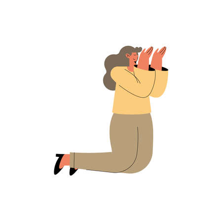Woman on knee with hands up praising on white backgroundのイラスト素材