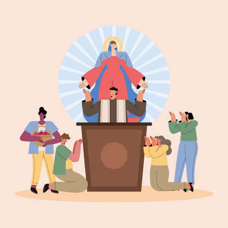 Assumption of Mary priest at podium and people praisingのイラスト素材