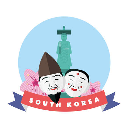 south korean couple faces with statue and flowersのイラスト素材