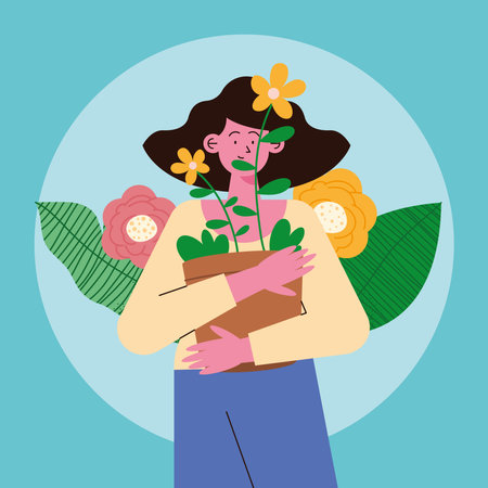 woman with houseplant scene characterのイラスト素材
