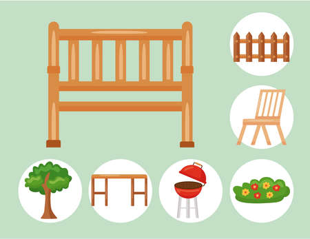 bench and garden icon set on green backgroundのイラスト素材