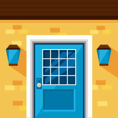 blue front door and lamps of yellow houseのイラスト素材