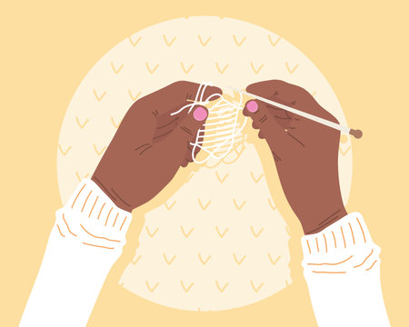 Hands holdigng knitting needle on circle backgroundのイラスト素材