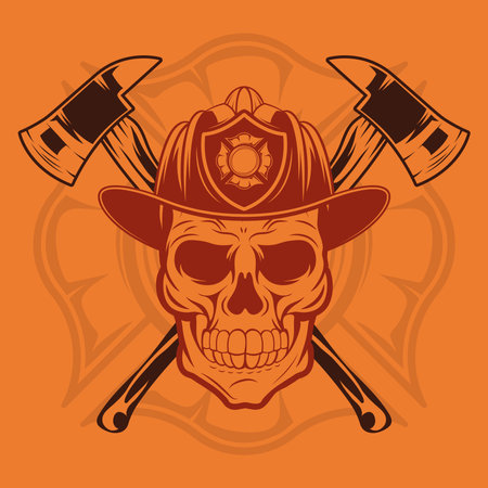 Firefighter skull with helmet and axes on orange backgroundのイラスト素材