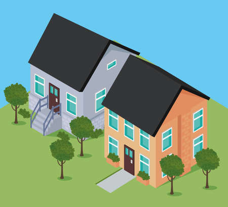 houses with greenery, residential areaのイラスト素材