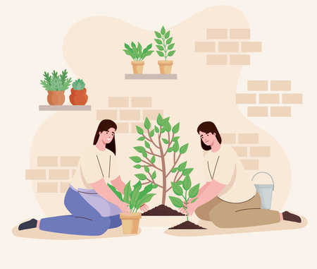 women planting charactersのイラスト素材