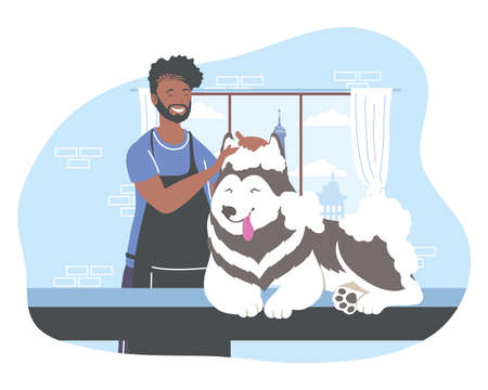 groomer bathing a cute animal dogのイラスト素材