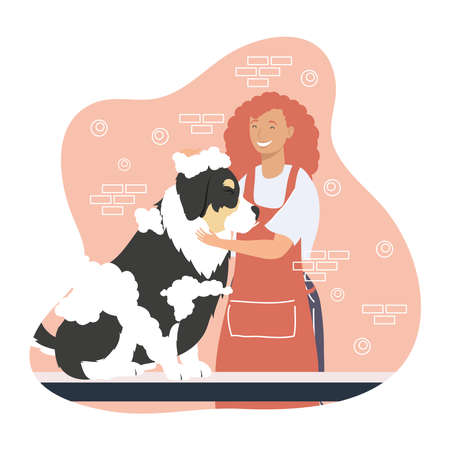 woman groomer baths a cute dogのイラスト素材