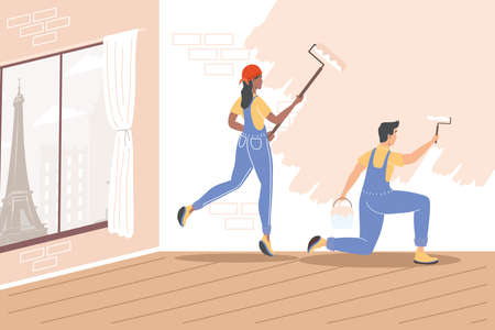 couple painting wall with rollersのイラスト素材