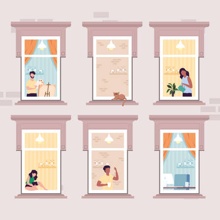neighborhood people in windows sceneのイラスト素材