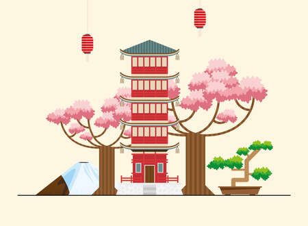 sensoji temple and japanese iconsのイラスト素材