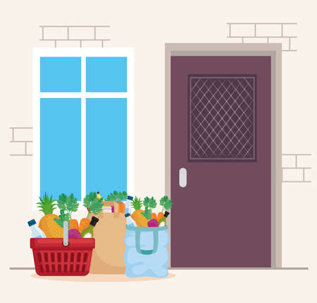Groceries inside basket and bagsのイラスト素材