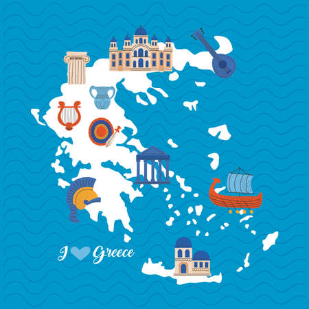map greece with traditional iconsのイラスト素材