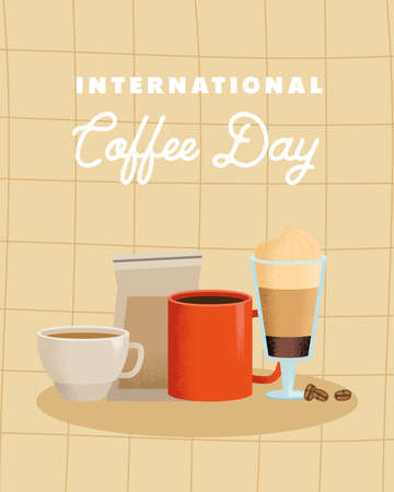 international coffee day card with beveragesのイラスト素材