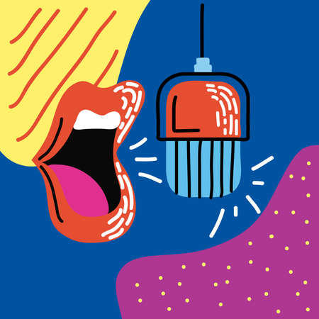 mouth singing with microphone on colored backgroundのイラスト素材