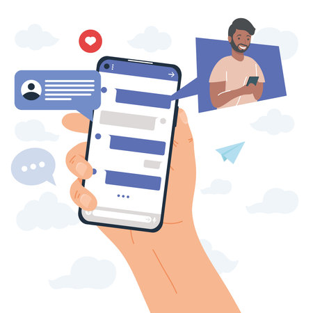 hand holding smartphone chatting with manのイラスト素材