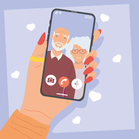 smartphone in video call with grandparents on purple backgroundのイラスト素材