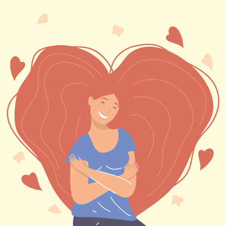 red hair woman hugging herself with heartsのイラスト素材