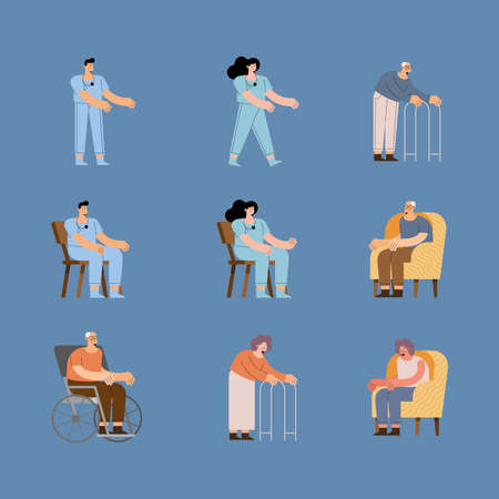 nurses and older woman and man on blue backgroundのイラスト素材