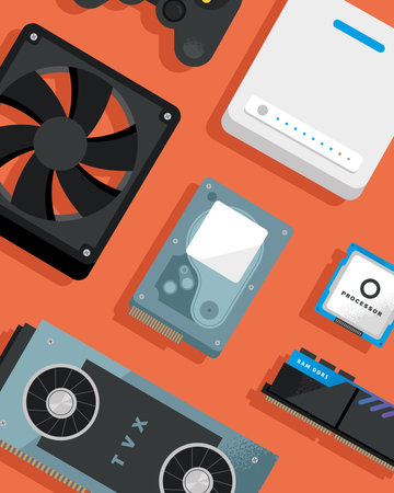 computer parts icon group on red background