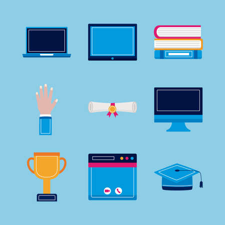 Virtual graduation symbol set on blue backgroundのイラスト素材