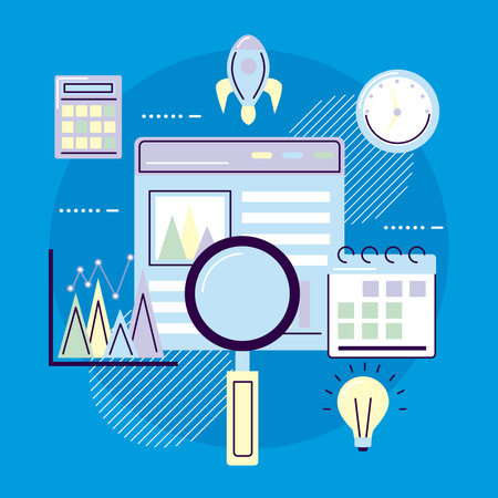 website with loupe and data iconsのイラスト素材