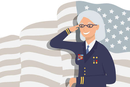 Veteran woman with crutch in front of usa flagのイラスト素材