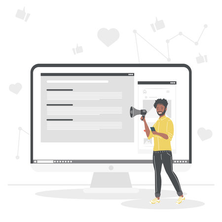 man in front of computer with social media websiteのイラスト素材