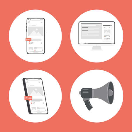 marketing and social media icons on red backgroundのイラスト素材