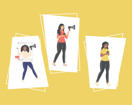 women with social media and marketing icons