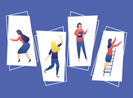 wpmen with planning icons on purple backgroundのイラスト素材