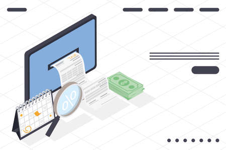 computer with tax icons on white backgroundのイラスト素材