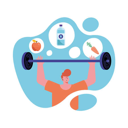 man lifting weight with healthy icons in blue splashのイラスト素材