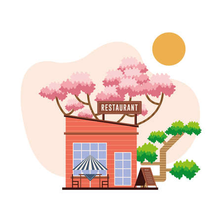 cute restaurant with trees on white backgroundのイラスト素材