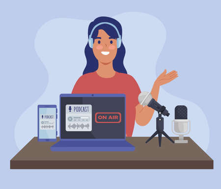 female podcaster in workplaceのイラスト素材
