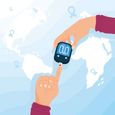 hands using glucometer with earth mapsのイラスト素材