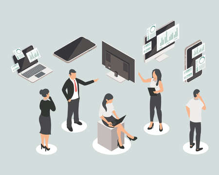 five persons and analytics set iconsのイラスト素材