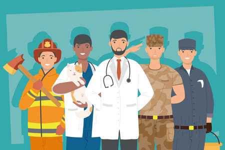 five professionals workers characters sceneのイラスト素材