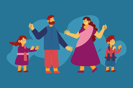 hindu family celebrating diwali charactersのイラスト素材