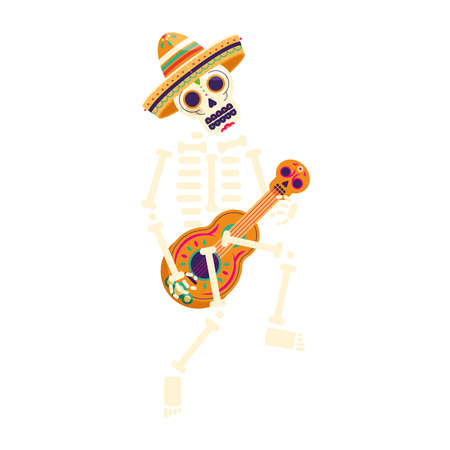 mexican mariachi skeleton playing guitarのイラスト素材