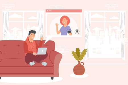 couple in video conference livingroom sceneのイラスト素材