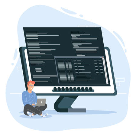 developer working in laptop with desktopのイラスト素材