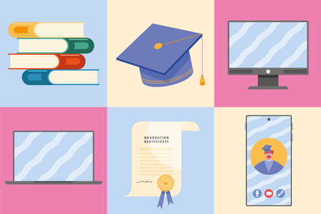 six virtual graduation set iconsのイラスト素材